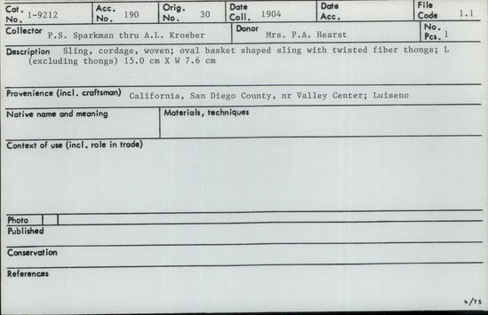 Documentation associated with Hearst Museum object titled Sling, accession number 1-9212, described as Woven