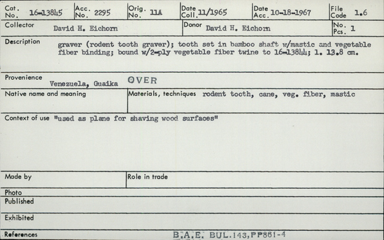 Documentation associated with Hearst Museum object titled Wood instrument + 1teeth, accession number 16-13845, no description available.