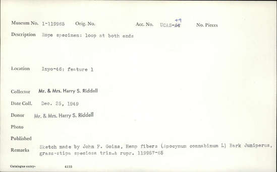 Documentation associated with Hearst Museum object titled Rope, accession number 1-119965, described as Specimen. Loop at both ends.