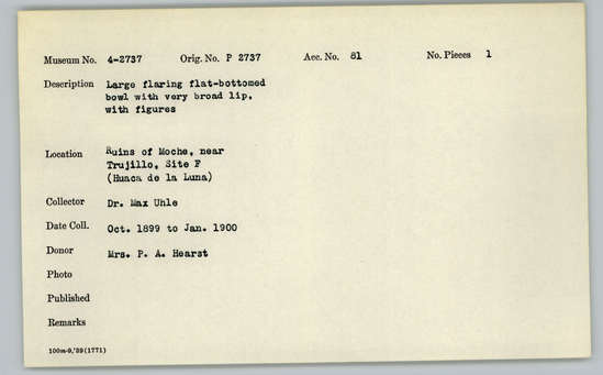 Documentation associated with Hearst Museum object titled Bowl, accession number 4-2737, described as Large flaring flat-bottomed bowl with very broad lip, with figures.