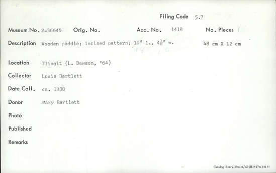 Documentation associated with Hearst Museum object titled Paddle, accession number 2-36645, described as Wooden, incised pattern.