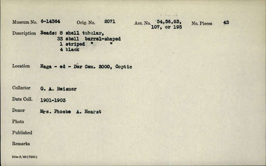 Documentation associated with Hearst Museum object titled Beads, accession number 6-14364, described as Beads: 8 shell tubular; 33 shell barrel-shaped; 1 striped barrel-shaped; 4 black