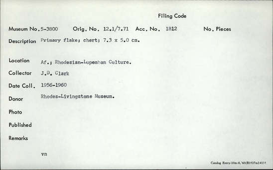 Documentation associated with Hearst Museum object titled Flake, accession number 5-3800, described as Primary flake; chert; 7.3 x 5.0 cm.