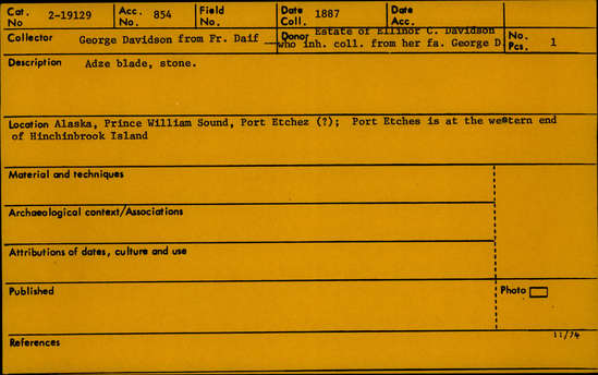 Documentation associated with Hearst Museum object titled Adze blade, accession number 2-19129, described as Stone adze blade