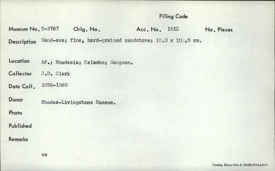 Documentation associated with Hearst Museum object titled Handaxe, accession number 5-3767, described as Hand-axe; fine, hard-grained sandstone; 18.0 x 10.5 cm.