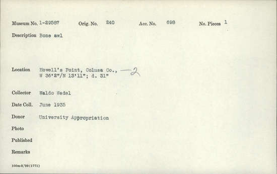 Documentation associated with Hearst Museum object titled Awl, accession number 1-29587, described as Bone.