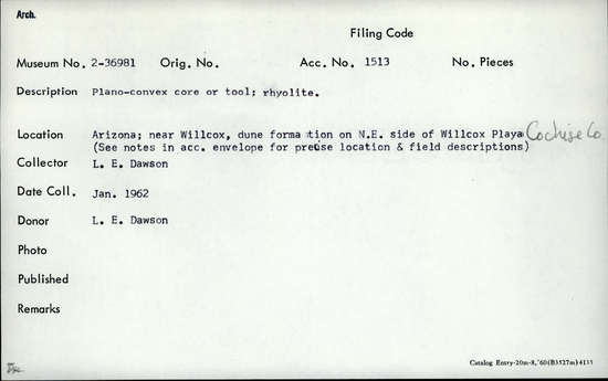 Documentation associated with Hearst Museum object titled Core, accession number 2-36981, described as Plano-covex core or tool; rhyolite