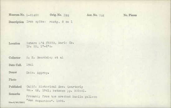 Documentation associated with Hearst Museum object titled Spike, accession number 1-61402, described as Made of iron.  Rusty. Notice: Image restricted due to its potentially sensitive nature. Contact Museum to request access.