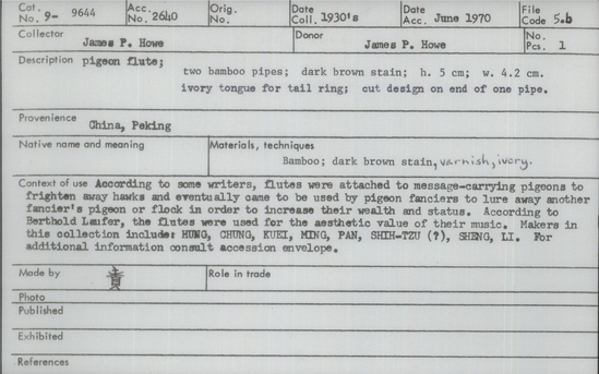 Documentation associated with Hearst Museum object titled Pigeon flute, accession number 9-9644, described as pigeon flute; dk. brown stain; ht. 5 cm., w. 4.2 cm., ivory tongue for tail ring; cut design on end of 1 pipe