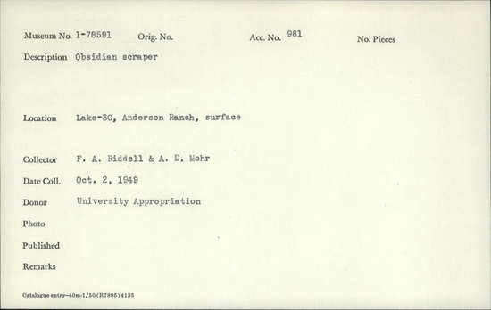 Documentation associated with Hearst Museum object titled Scraper, accession number 1-78591, described as Obsidian.