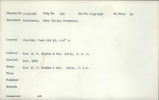 Documentation associated with Hearst Museum object titled Potsherds, accession number 1-144195, described as Owen Valley Brownware.