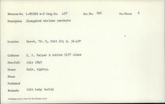 Documentation associated with Hearst Museum object titled Pendants, accession number 1-85569a-f, described as Elongated abalone pendants