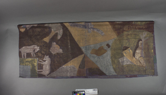 Hearst Museum object 1 of 2 titled Textile sample, accession number 2-62611, described as Strip; silk, plain weave, stenciled, varicolored, animal, bird and human figure motives