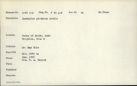 Documentation associated with Hearst Museum object titled Shell, accession number 4-98a, described as Spondylus pictorum shells