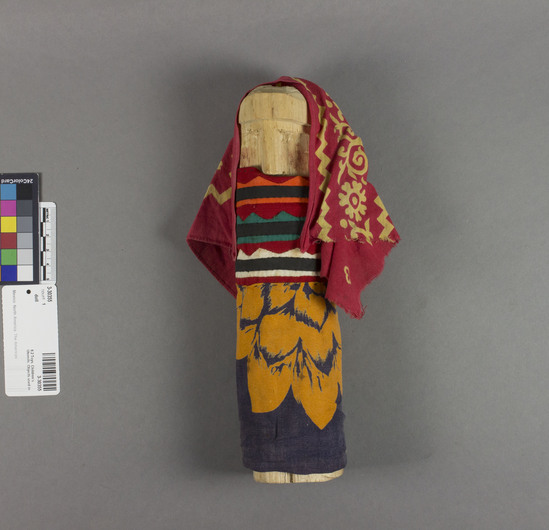 Hearst Museum object titled Doll, accession number 3-30355, described as wooden doll with fabric