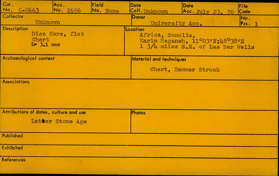 Documentation associated with Hearst Museum object titled Core, accession number 5-8663, described as Disc core, flat, chert; Length 3.1 cm