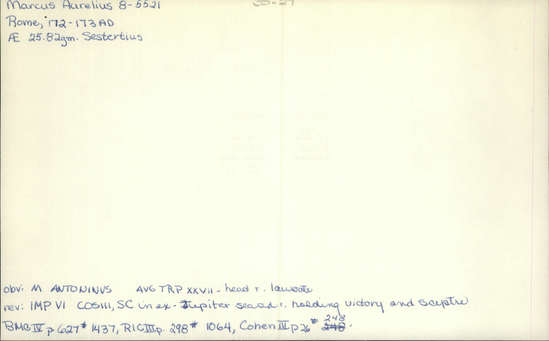 Documentation associated with Hearst Museum object titled Coin: æ sestertius, accession number 8-5521, described as Coin; AE; Sestertius; Roman. 25.82 grams, 31.5 mm. Marcus Aurelius Antoninus, 172-173 AD. Rome, Italy. Obverse: M ANTONINUS AUG TR P XXVII, bust r. laureate. Reverse: JIMP VI COS III, upiter, naked to waist, seated facing l. on throne, holding Victory and scepter; in exergue, SC.
