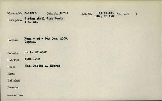 Documentation associated with Hearst Museum object titled Beads, accession number 6-14373, described as String shell disc beads: length 40 cm.