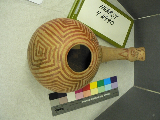 Hearst Museum object 13 of 14 titled Bowl w/ handle, accession number 4-2990, described as Ladle-like bowl, straight handle with face at end spiral red lines