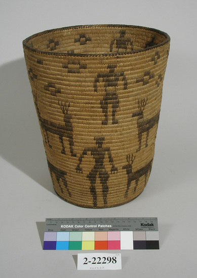 Hearst Museum object titled Basket, accession number 2-22298, described as Coiled, deep, wide mouthed, slightly flaring sides, bucket shaped (?). Cross designs.