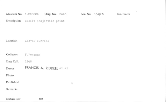 Documentation associated with Hearst Museum object titled Projectile point, accession number 1-203003, described as Basalt.
