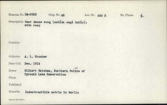 Documentation associated with Hearst Museum object titled Wax cylinder recording, accession number 14-2028.1, described as Bear Dance Song (nahida nega hubia).