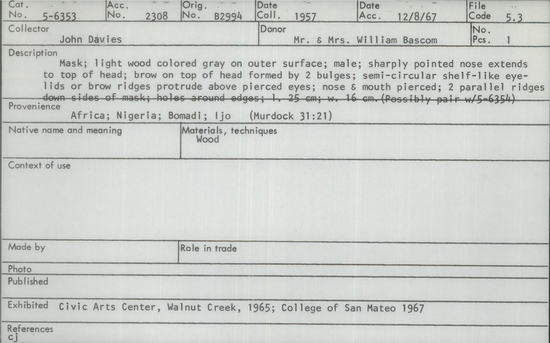Documentation associated with Hearst Museum object titled Mask, accession number 5-6353, described as Wooden, male, Ijaw mask, Bomadi light colored wood, gray on outer surface; long sharply pointed nose extends to top of head in narrow ridge; semi-circular shelf-like eye lids or brow ridges protrude above pierced eyes. L = 25.0 cm, W = 16.0 cm. Collected ca. 1957 by John Davies.