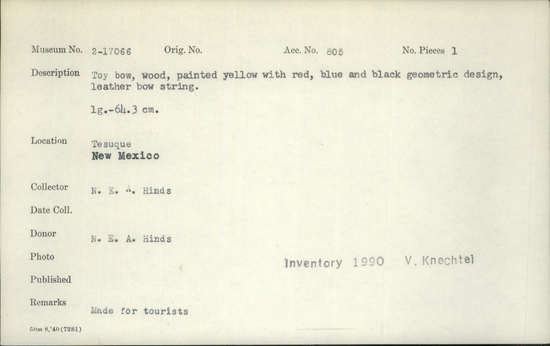 Documentation associated with Hearst Museum object titled Bow, accession number 2-17066, described as Toy. Wood, painted yellow with red, blue, and black geometric design, leather bow string.