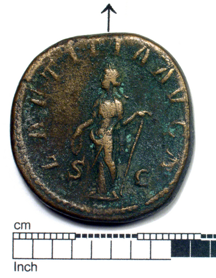 Hearst Museum object 3 of 8 titled Coin: æ sestertius, accession number 8-6128, described as Coin: Sestertius; Æ; Gordianus. Pius - 24.06 grams. Obverse: IMP GORDIANVS PIVS FEL AVG - Bust facing right laureate, draped. Reverse: LAETITIA AVG N, SC - Laetitia standing facing left holding wreath and anchor.