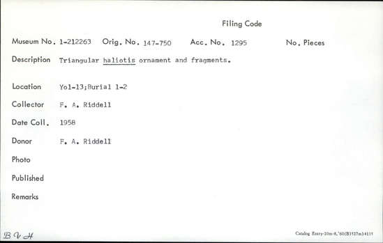 Documentation associated with Hearst Museum object titled Shell fragment, accession number 1-212263, described as Triangular haliotis.