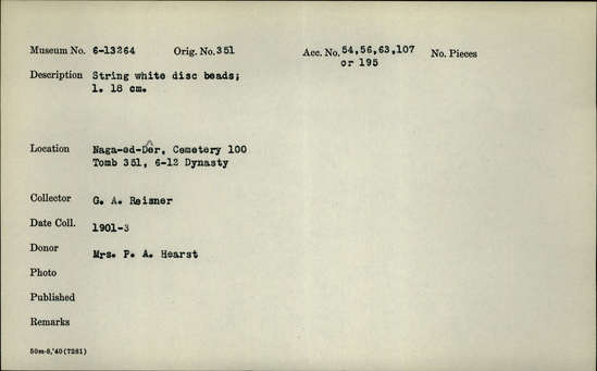 Documentation associated with Hearst Museum object titled Beads, accession number 6-13264, described as String white disc (ring) beads; length 18 cm.