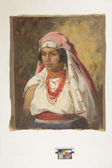 Hearst Museum object titled Painting, accession number 17-673, described as Portrait of woman in native dress, pink head scarf, white dress, red necklace.