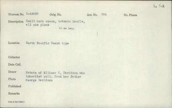 Documentation associated with Hearst Museum object titled Spoon, accession number 2-19092, described as Small, horn spoon. Totemic handle, all one piece.