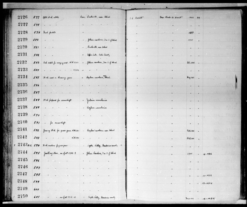 Documentation associated with Hearst Museum object titled Rattle, accession number 1-2727, described as Split stick.