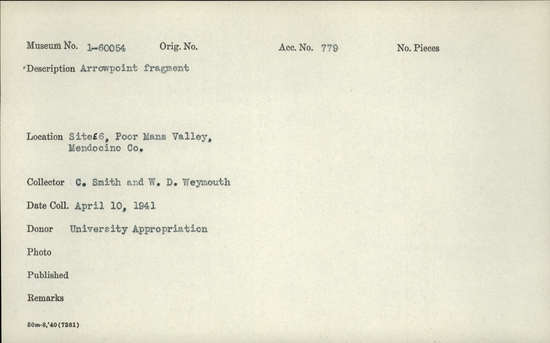 Documentation associated with Hearst Museum object titled Projectile point fragment, accession number 1-60054, described as Arrowpoint fragment