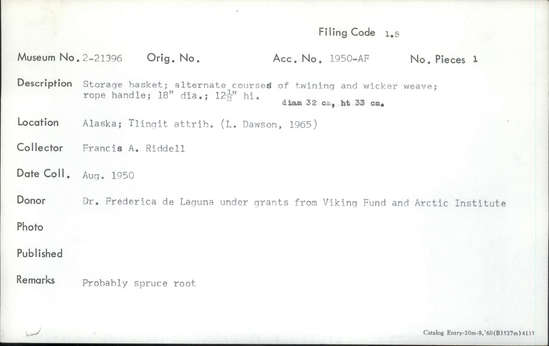 Documentation associated with Hearst Museum object titled Storage basket, accession number 2-21396, described as Alaternate courses of twining and wicker weave. Probably spruce root. Rope handle.