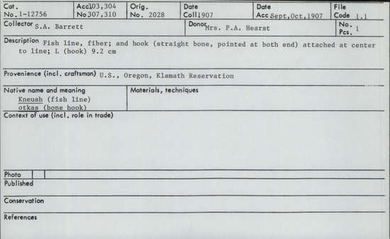 Documentation associated with Hearst Museum object titled Fishhook and fishing line, accession number 1-12756, described as Fish line (kneush) and bone hook (otkas)