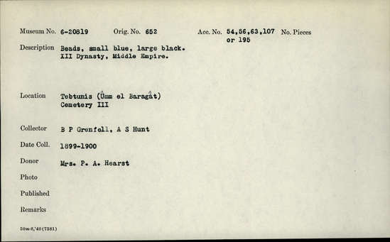 Documentation associated with Hearst Museum object titled Beads, accession number 6-20819, described as Beads, small blue, large black. XII Dynasty, Middle Empire