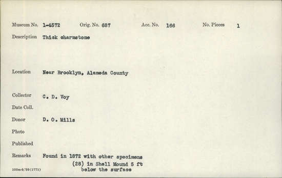 Documentation associated with Hearst Museum object titled Charmstone, accession number 1-4572, described as thick charmstone