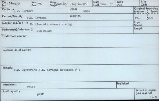 Documentation associated with Hearst Museum object titled Audio recording, accession number 24-2658, described as Rattlesnake shaman's song