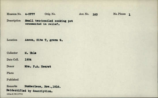 Documentation associated with Hearst Museum object titled Pot with handles, relief, accession number 4-5777, no description available.