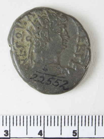 Hearst Museum object 3 of 6 titled Coin: billon tetradrachm, accession number 6-22552, described as Crowned head of Nero, r.