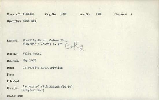 Documentation associated with Hearst Museum object titled Awl, accession number 1-29454, described as Made of bone.