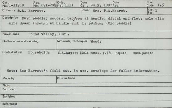 Documentation associated with Hearst Museum object titled Paddle, accession number 1-11949, described as Wooden, tapers at handle, distal end flat, hole with wire drawn through at handle end. Old paddle. hoputc = mush paddle