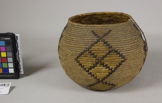 Hearst Museum object 2 of 3 titled Bowl basket, accession number 1-28708, described as Coiled basketry bowl.  Black and brown design.