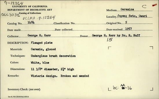 Documentation associated with Hearst Museum object titled Plate, accession number 9-12264, described as Plate, ceramic, wide bowl shape with flanged rim, brush stroked wisteria blossom decoration in blue and brown underglaze on center top, with a creamy white translucent overglaze, only the short foot is not glazed, many chip marks left from firing, broken and mended. Maximum diameter 29 cm, height 6 cm.