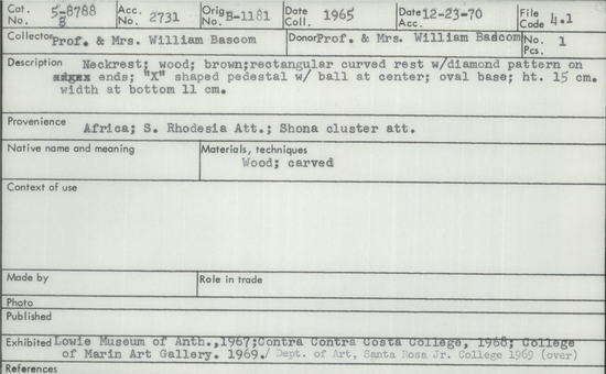 Documentation associated with Hearst Museum object titled Head rest, accession number 5-8788, described as Shona (Zulu) head rest. Purchased, 1965:153, $14.