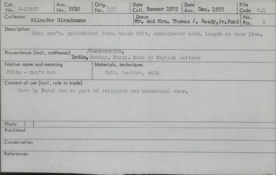 Documentation associated with Hearst Museum object titled Hat, accession number 9-12952, described as Hat; man’s cylindrical form, black felt, embroidered band; materials/techniques: felt, leather, silk.