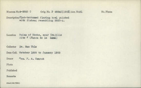 Documentation associated with Hearst Museum object titled Bowl fragments, accession number 4-2825c, described as Flat-bottomed flaring bowl painted with fishes; resembling 2825-A