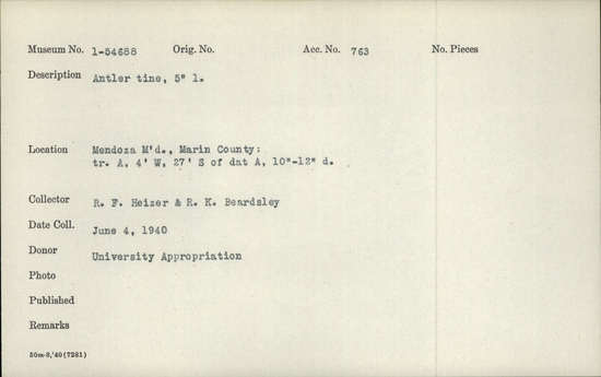 Documentation associated with Hearst Museum object titled Antler tine, accession number 1-54688, described as Antler tine. Notice: Image restricted due to its potentially sensitive nature. Contact Museum to request access.